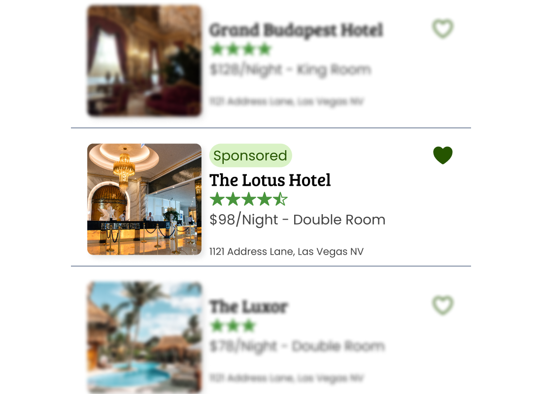 Three hotel results from the search page. The top and bottom results are out of focus, while the center result is in focus. The center result features a label that says "sponsored".