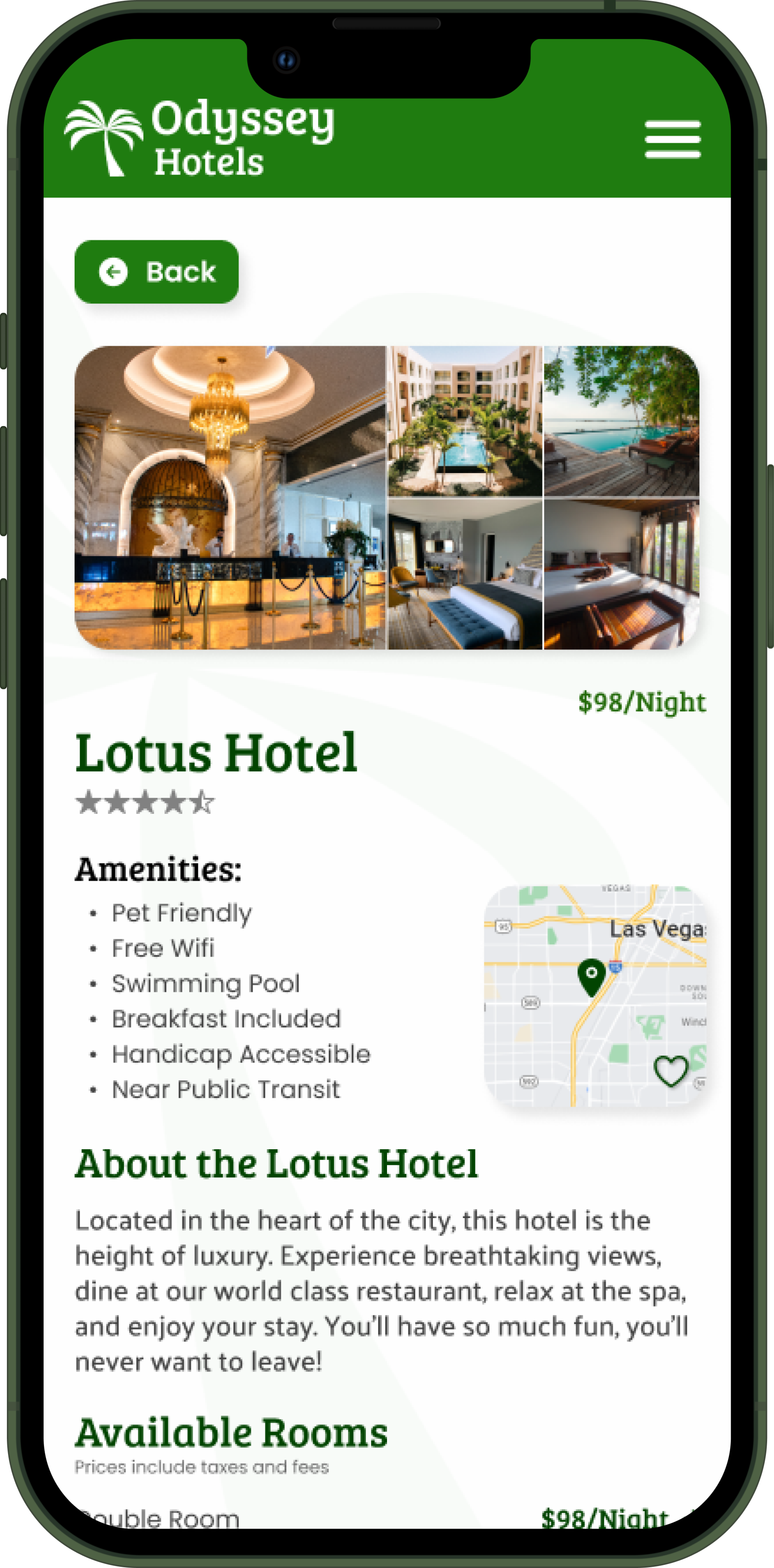 A mockup of a hotel description page that showcases a back button in the top left corner.